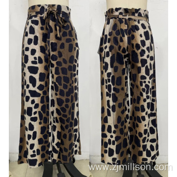 Elastic Back Front Strap Leopard Wide Leg Pants